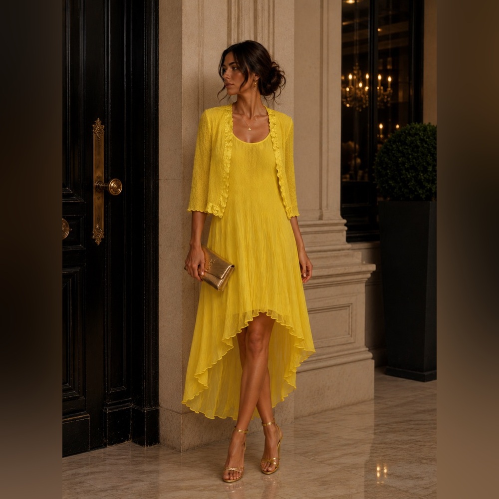 Jenny T yellow textured  dress petticoat‎ set high low church wedding guest sz L